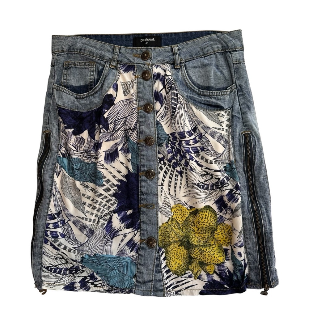 Desigual Denim Skirt with Blue and Yellow Floral Design, Medium
